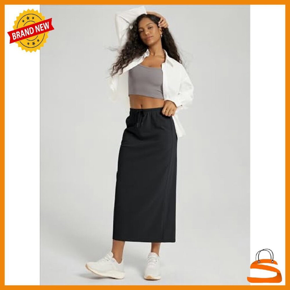 Cotton French Terry Midi Skirt with Pockets, Drawstring Waist, Back Split - Picture 5 of 7